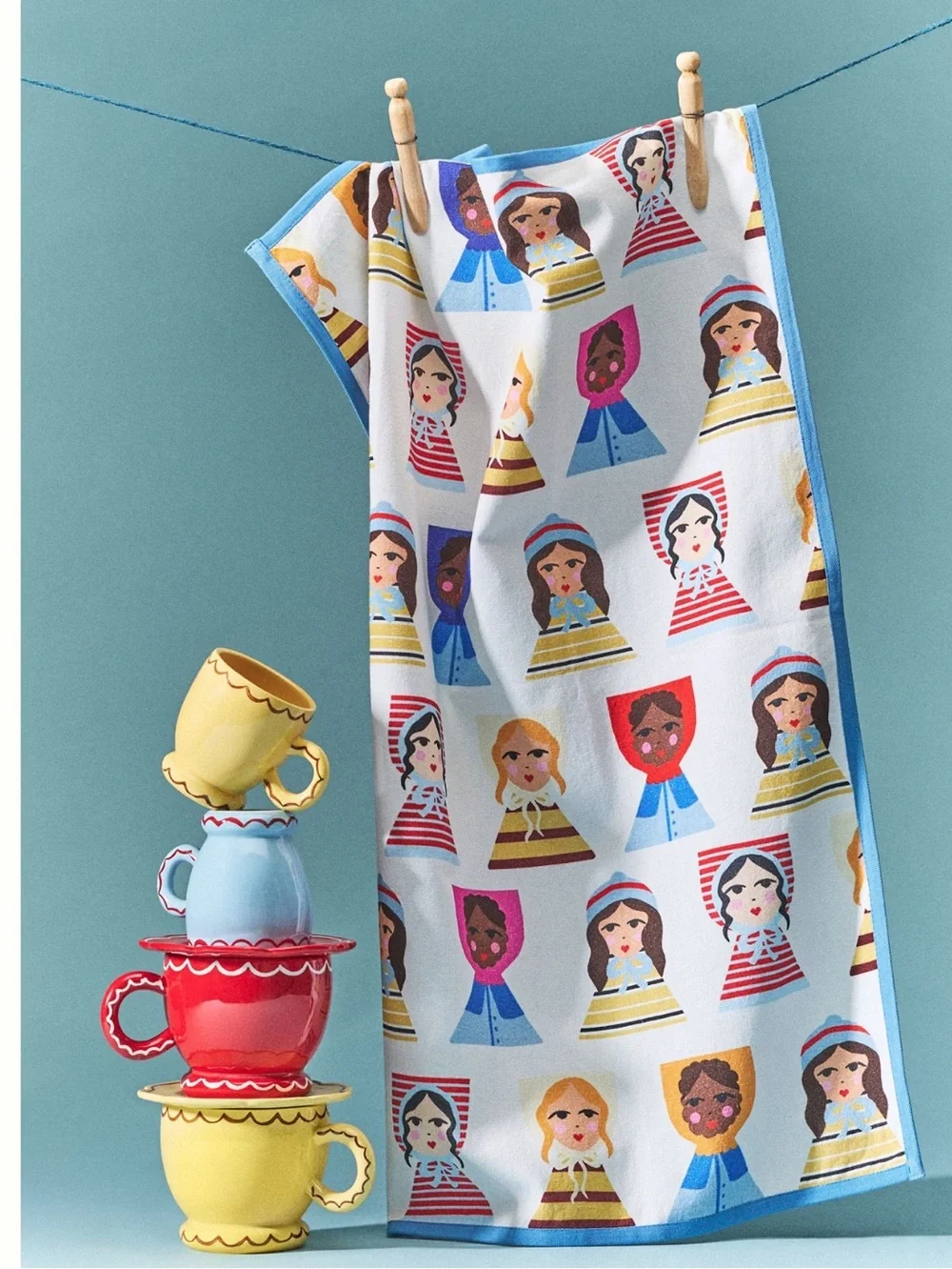 Anthropologie Damson Madder Dish Towel Cotton New White Blue Dolls